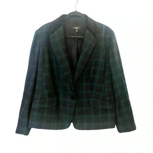 Talbots Woman tartan plaid blazer blue green cropped 14W classic holiday preppy